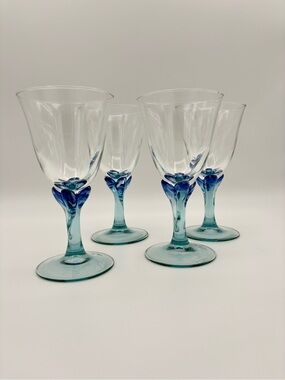 Vintage Luminarc France Blue Marbled Stem Wine Glasses Set 4 Tulip Goblet